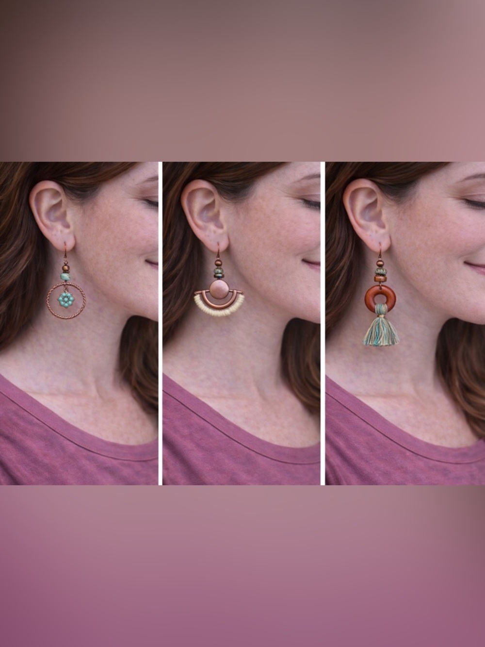 Drop & Tassel Earring Set Trio in Colors of Turquoise and Brown #2034 - Picture 3 of 3